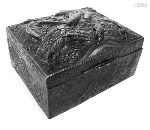 A SILVER MOUNTED BOX AND COVER WITH CARPS IN RELIEF