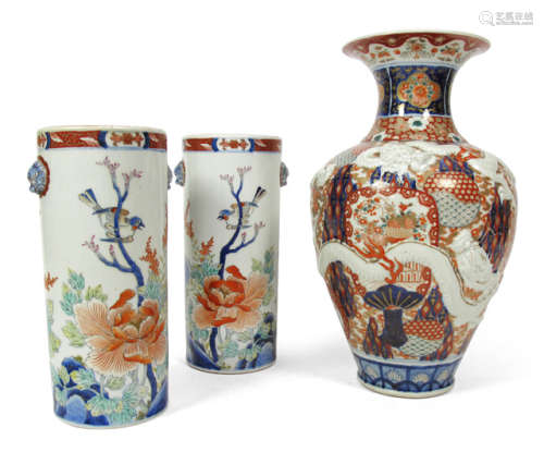 A APIR OF POLYCHROME DECORATED PORCELAIN VASES AND A VASE
