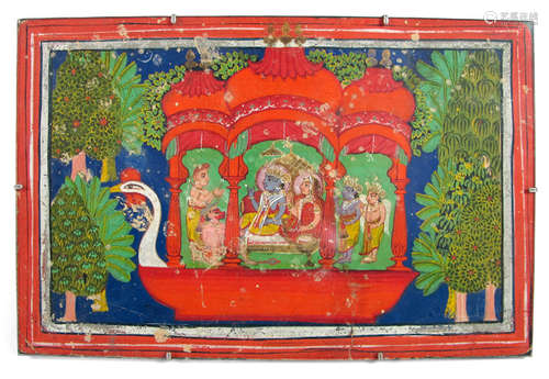 A GOUACHE ON PAPER DEPICTING KRISHNA AND RADHA