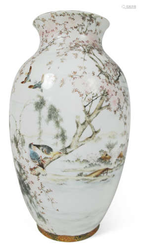 A KUTANI PORCELAIN VASE DECORATED WITH A LAKESCAPE
