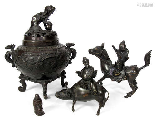 THREE BRONZE CENSERS AND A LITTLE FIGURE