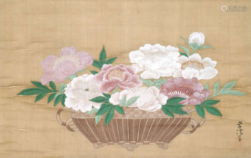 A PAINTING OF PEONIES IN A BASKET IN STYLE OF KANO TSUNENOBU