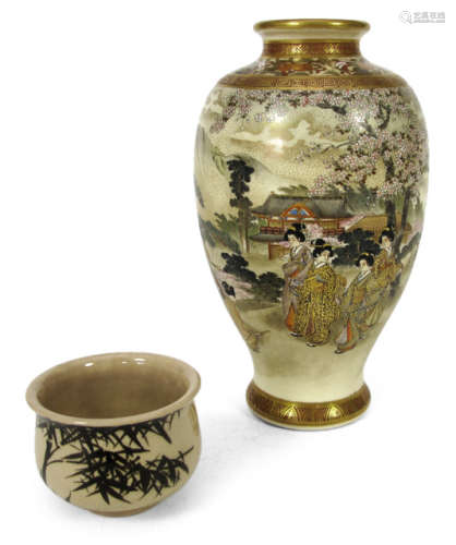 A SATSUMA VASE WITH FIGURAL DECORATION AND A SMALL PORCELAIN BOWL