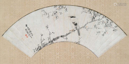 A FAN PAINTING OF A BIRD SEATED IN A BLOOMING PLUM TREE BY URAGAMI SHUNKIN (1779 - 1846)