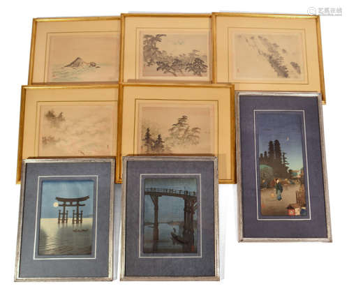 A GROUP OF VARIOUS FIVE BOOK PAGES AND THREE COLOURED WOODBLOCK PRINTS