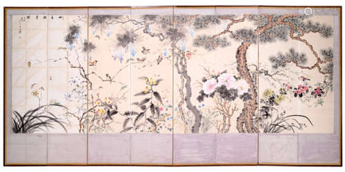 AN EIGHT PANEL FOLDING SCREEN DEPICTING SPARROWS AND INSECTS AMIDST VARIOUS FLOWERS AND TREES