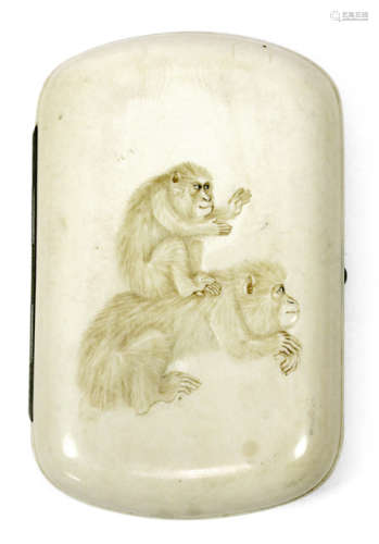 A SMALL IVORY CASE WITH CARVED DECORATION OF THREE MONKEYS
