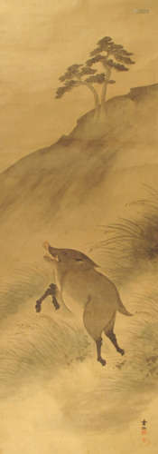 A PAINTING OF A JUMPING BOAR