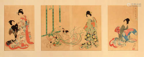 A GROUP OF FOUR COLOURED WOODBLOCK PRINTS DEPICTING BIJIN