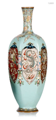 A CLOISONNÉ ENAMEL VASE WITH PHOENIXES AND DRAGONS ON TURQOISE GROUND