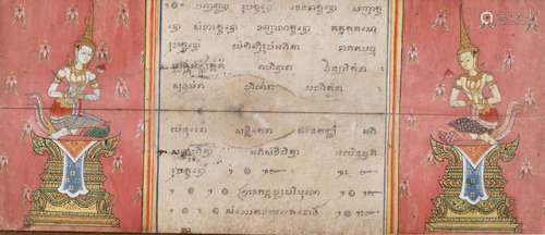 THREE PAPER MANUSCRIPT PAGES PAINTED WITH APSARAS AND WORSHIPPERSThailand