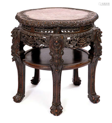 A RELIEF CARVED SIDE TABLE WITH MARBLE TOP