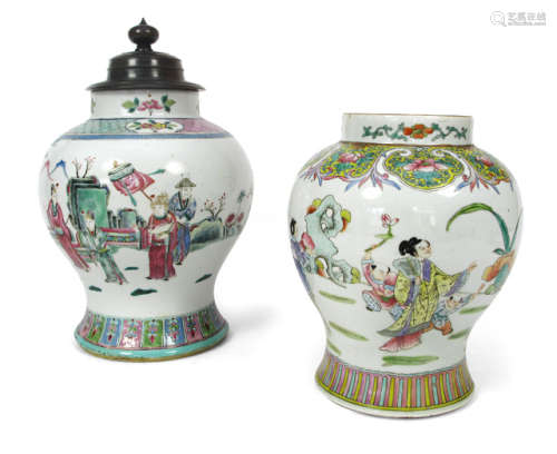 TWO POLYCHROME DECORATED PORCELAIN VASES WITH FIGURAL PATTER