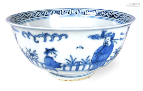 AN UNDERGLAZE BLUE AND WHITE PORCELAIN BOWL DEPICTING A FIGURAL LANDSCAPE SCENE