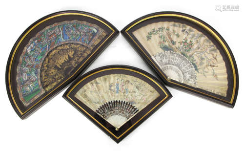 THREE PAPER FOLDING FANS WITH ELABORATE IVORY AND LACQUER FRAMES