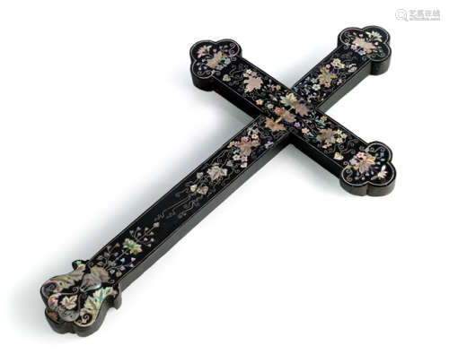 A GOOD MOTHER-OF-PEARL-INLAID HARDWOOD CHRISTIAN CROSS