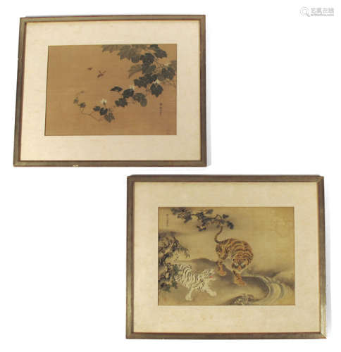 TWO ANIMAL PAINTINGS ON SILK DEPICTING TIGERS AND INSECTS
