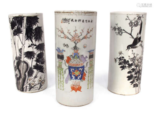THREE CYLINDRICAL PORCELAIN VASES WITH DIFFERENT PATTERN AND INSCRIPTION