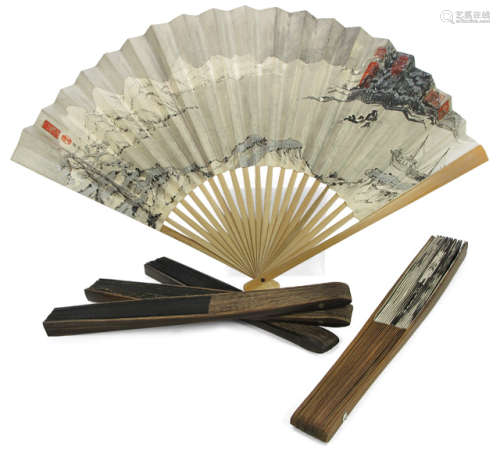 FIVE PAINTED PAPER FANS DEPICTING LANDSCAPES AND A DRAGON