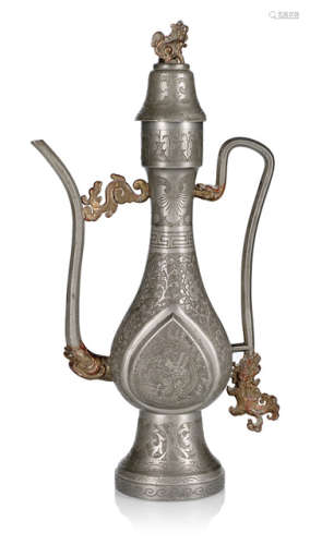 A PART-GILT-PAINTED TIN WINE EWER AND COVER