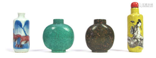A GROUP OF FOUR PORCELAIN AND STONE SNUFFBOTTLES