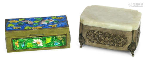A SILVER BOX WITH JADE COVER AND A METAL BOX WITH ENAMEL DECORATION