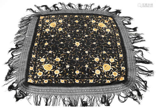 A BLACK SATIN EMBROIDERY COVER WITH PATTERN OF PEONY BLOSSOMS AND SCROLLS
