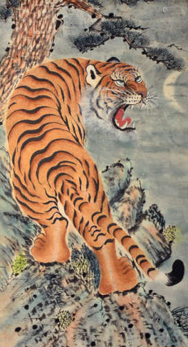 AN ANONYMOUS PAINTING OF A SNARLING TIGER
