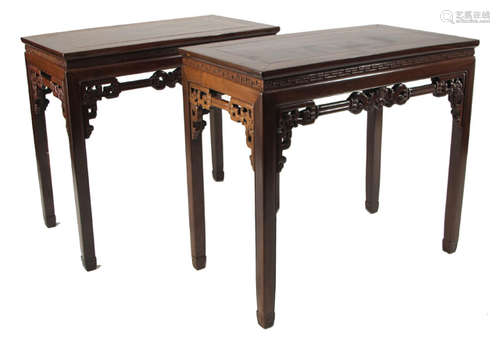 TWO HARDWOOD TABLES WITH CARVED BATS