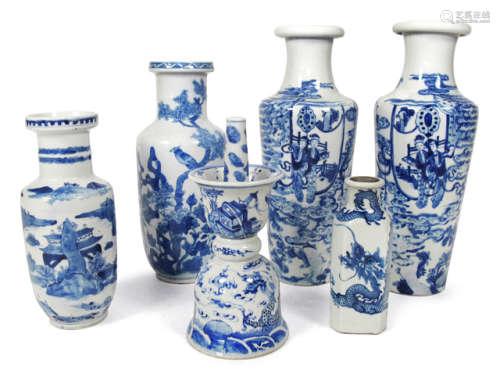 SIX BLUE AND WHITE DECORATED PORCELAIN VASES