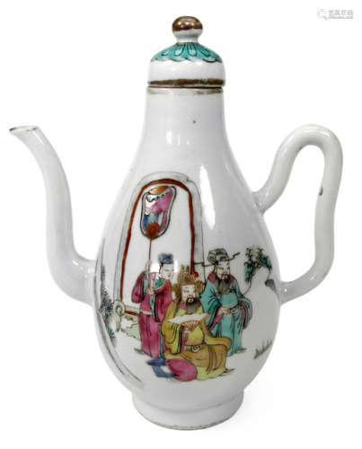 A FAMILLE ROSE JUG AND COVER DEPICTING A FIGURAL SCENE