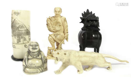A GROUP OF FOUR IVORY CARVINGS AND A BRONZE CENSER
