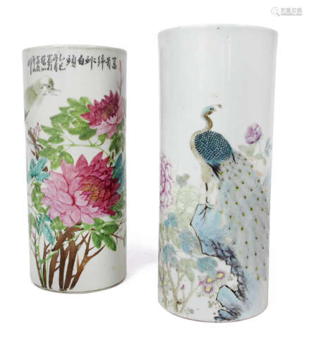 TWO POLYCHROME DECORATED PORCELAIN VASES WITH FLORAL PATTERN