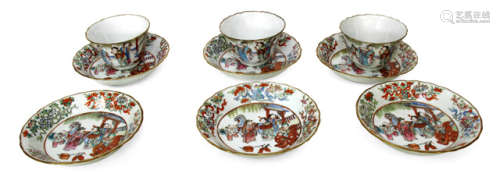 SIX FAMILLE ROSE PORCELAIN SAUCERS AND THREE CUPS DEPICTING A FIGURAL SCENE