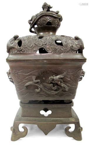 A THREE PIECES BRONZE CENSER WITH MYTHICAL CREATURES AND BATS
