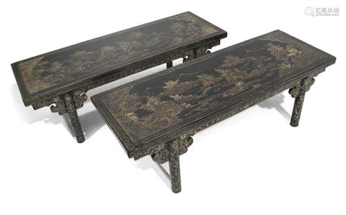 A PAIR OF LACQUERED WOOD TABLES WITH GOLDEN LANDSCAPE PAINTING