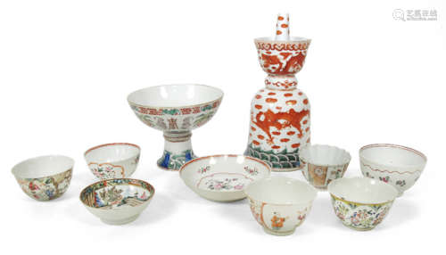 A GROUP OF TEN POLYCHROME DECORATED PORCELAINS