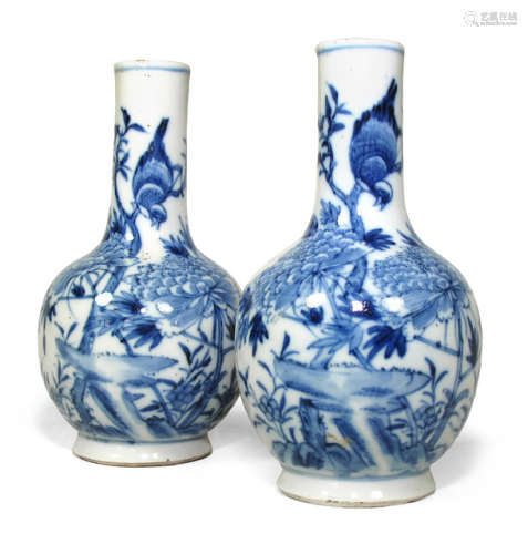 A PAIR OF UNDERGLAZE BLUE AND WHITE PORCELAIN VASES DEPICTING FLOWERING PEONIES AND BIRDS