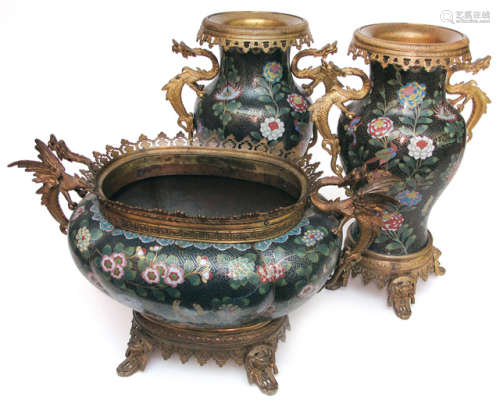 A ORMOLU-MOUNTED CLOISONNÉ ENAMEL GARNITURE WITH CACHEPOT AND TWO VASES