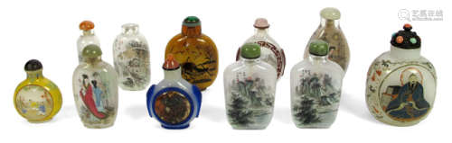 A GROUP OF 11 MOSTLY INSIDE PAINTED GLASS SNUFFBOTTLES
