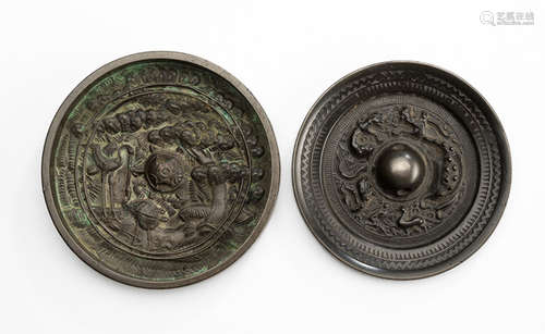 TWO BRONZE HAND MIRRORS DECORATED WITH DRAGONS AND CRANES