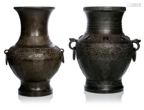 TWO HU-SHAPED BRONZE VASES IN ARCHAIC STYLE