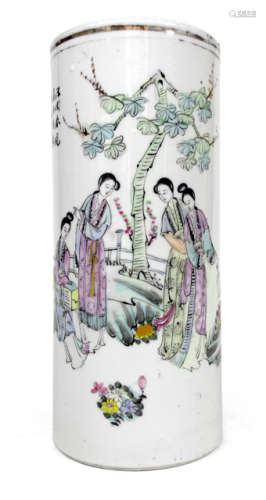 A POLYCHROME DECORATED PORCELAIN HAT STAND DEPICTING FOUR LADIES IN A GARDEN