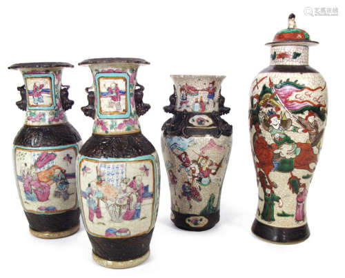 FOUR POLYCHROME DECORATED PORCELAIN VASES WITH FIGURAL PATTERN ON CRACKLED GROUND