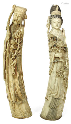 TWO LARGE AND FINELY CARVED IVORY FIGURES