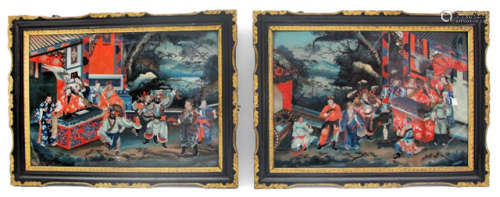 A PAIR OF REVERSE GLASS PAINTINGS DEPICTING FIGURAL SCENES