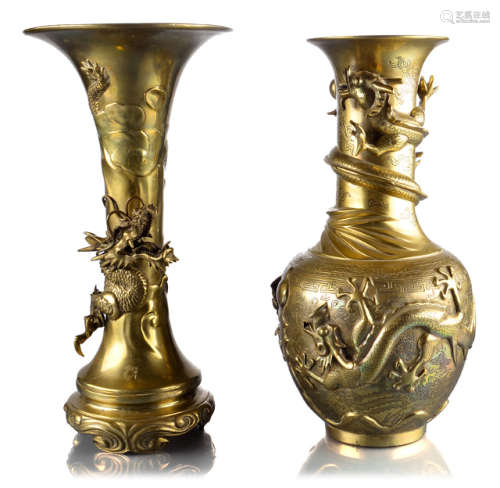 TWO BRONZE VASES WITH DRAGONS