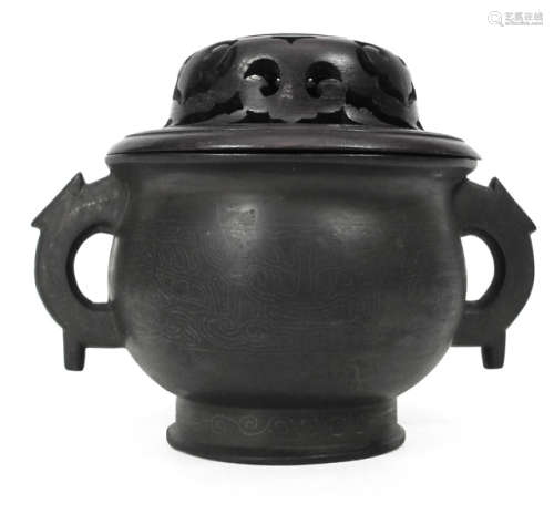 A BRONZE CENSER WITH WOOD COVER
