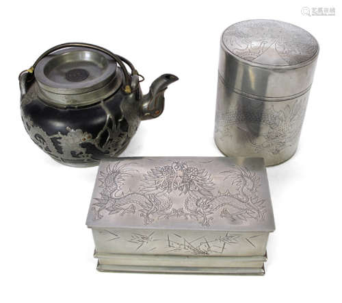 TWO TIN BOXES AND COVER AND A TIN MOUNTED TEAPOT