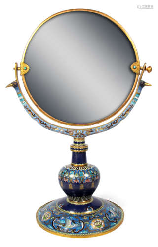 A CLOISONNE TABLE MIRROR DEPICTING CRANES AND LOTUS